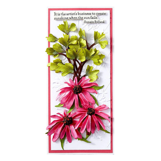 Card with pink flowers and green leaves on a white background