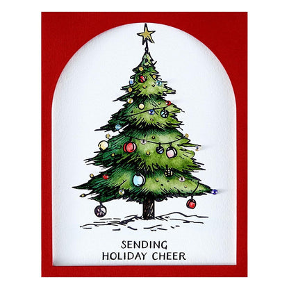 Christmas card with a decorated tree and 'Sending Holiday Cheer' text on a red border.