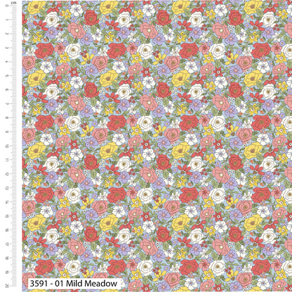 Floral pattern with red, yellow, and white flowers on a blue background