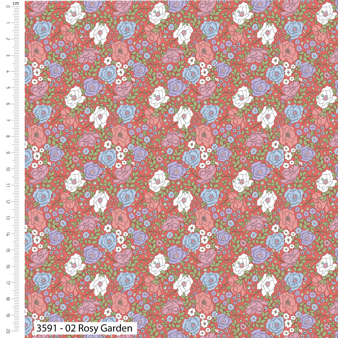 Floral pattern with small flowers on a red background, with a ruler on the left side.