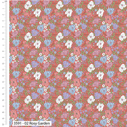 Floral pattern with small flowers on a red background, with a ruler on the left side.