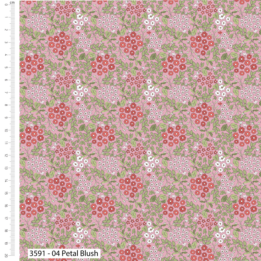 Floral pattern fabric with red and white flowers on a pink background, measured against a ruler.