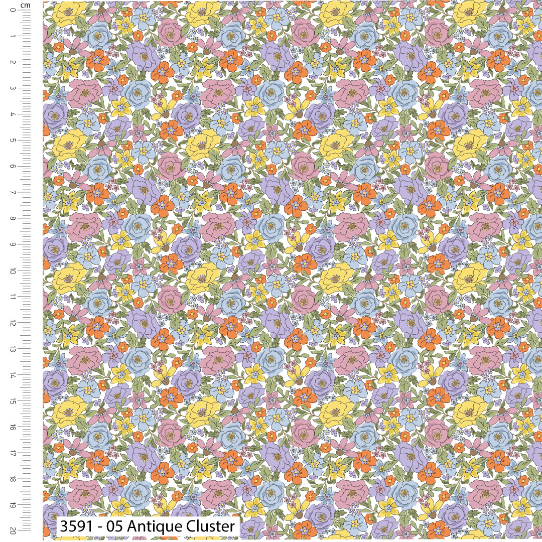 Pattern of small flowers in various colors on a white background with a ruler for scale.