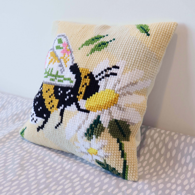 Trimits Cushion Floral Bee Cross Stitch Kit Completed