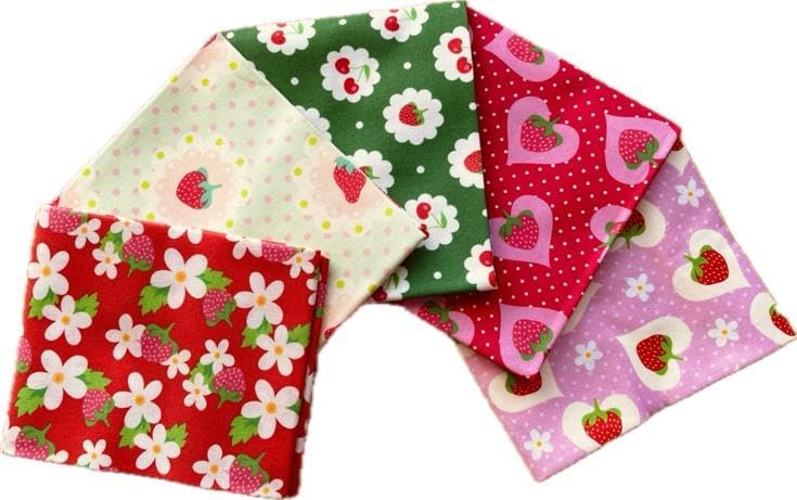 Set of colorful fabric swatches with floral and heart patterns on a white background