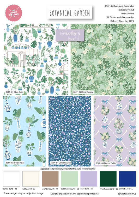 Collection of botanical-themed fabric patterns with color swatches and branding information.