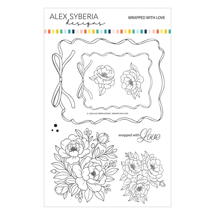 Clear stamp set with floral designs and 'Wrapped with Love' text, branded 'Alex Syberia Designs'.