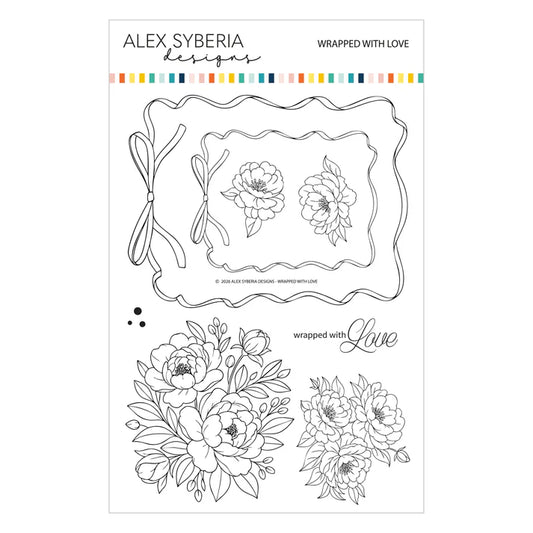 Clear stamp set with floral designs and 'Wrapped with Love' text, branded 'Alex Syberia Designs'.