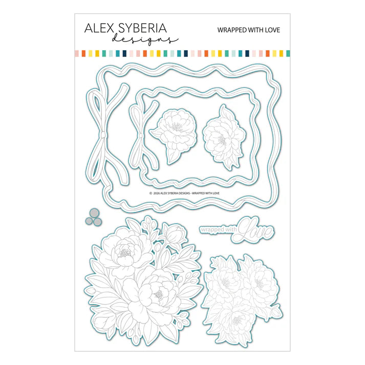 Clear stamp set with floral designs and 'Wrapped with Love' text by Alex Syberia on a white background.