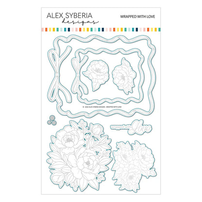 Clear stamp set with floral designs and 'Wrapped with Love' text by Alex Syberia on a white background.