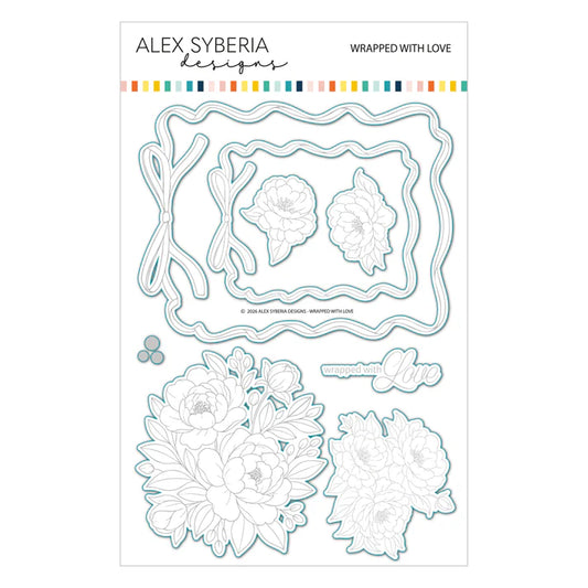 Clear stamp set with floral designs and 'Wrapped with Love' text by Alex Syberia on a white background.