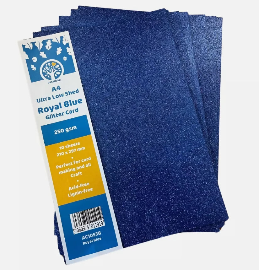 Royal Blue glitter card with packaging on a white background