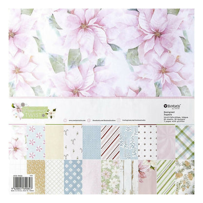 Collection of floral and patterned paper sheets with a brand label on a white background