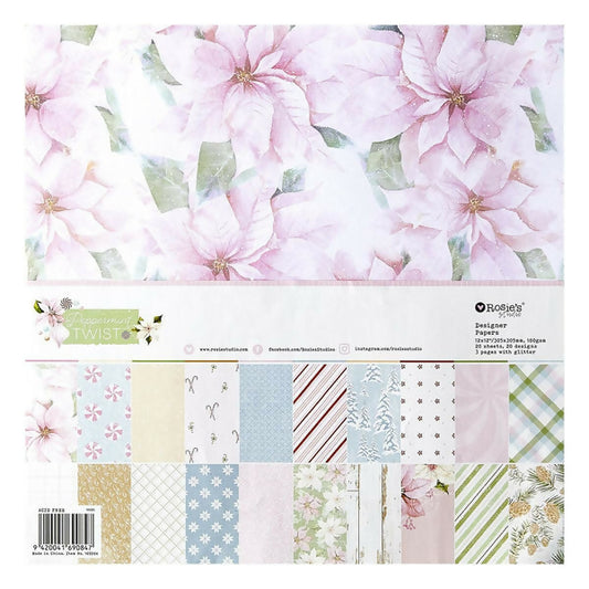 Collection of floral and patterned paper sheets with a brand label on a white background