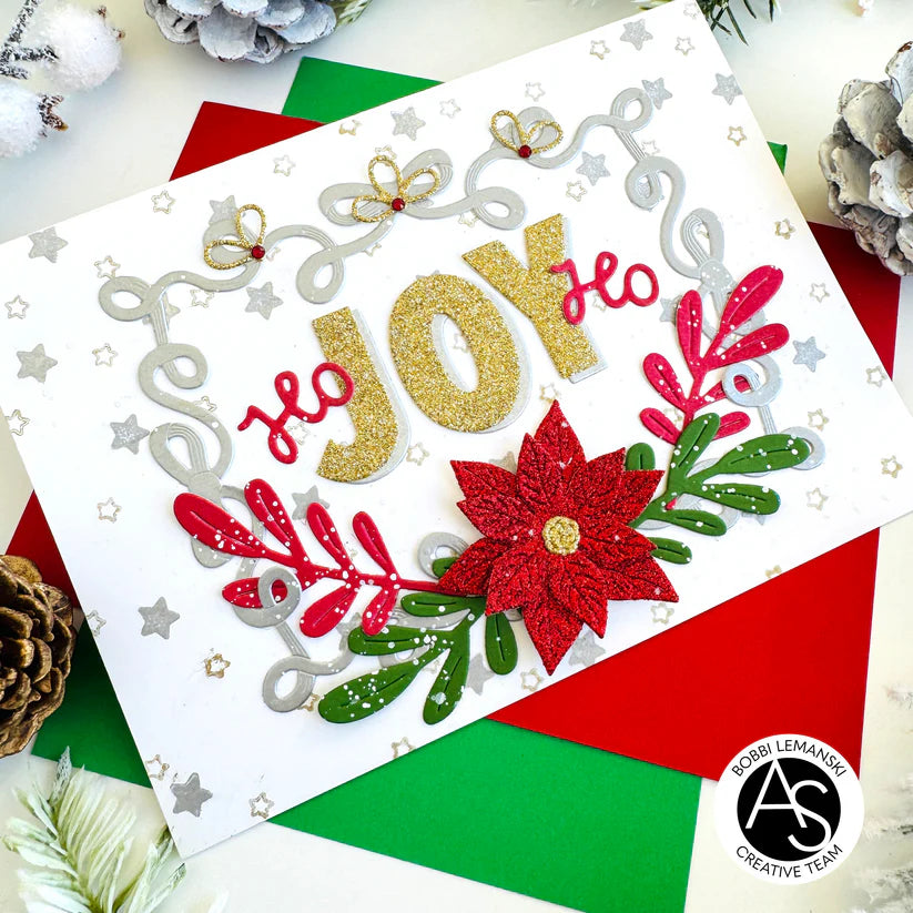 Christmas-themed card with decorative text and poinsettia design on a white background.