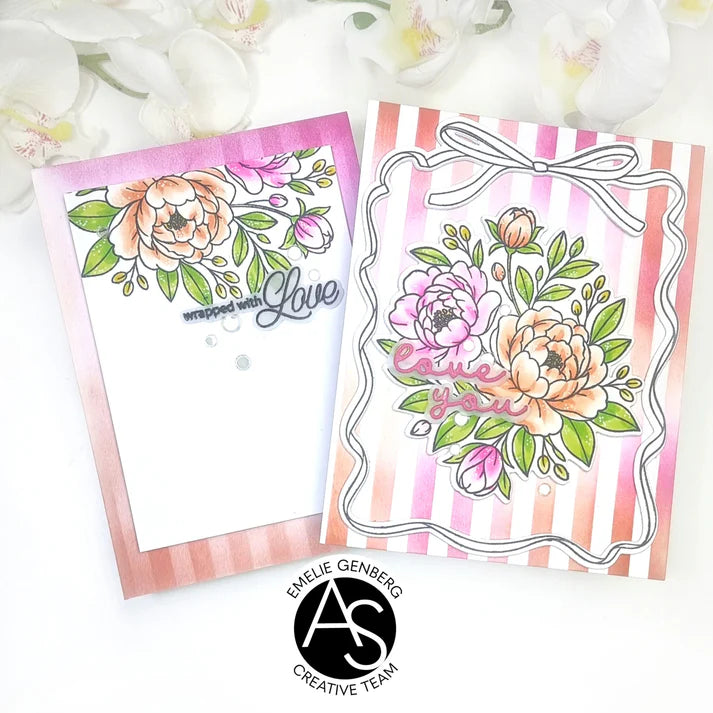 Two floral cards with striped borders on a white background, featuring the 'AS Creative Team' logo.