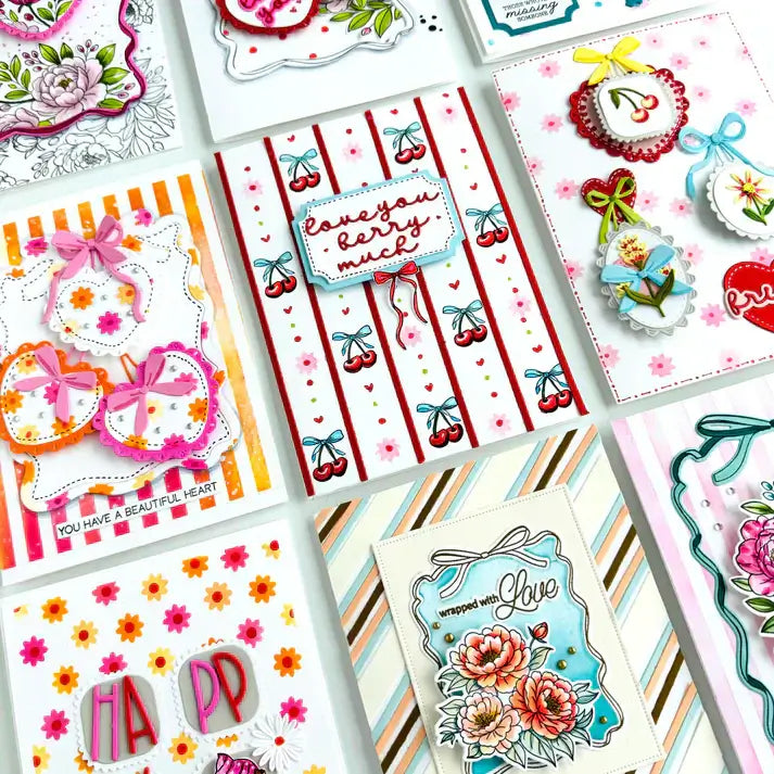 Collection of colorful greeting cards with various designs and text.