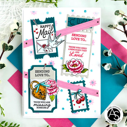 Set of decorative stamps with floral and ribbon designs on a colorful background