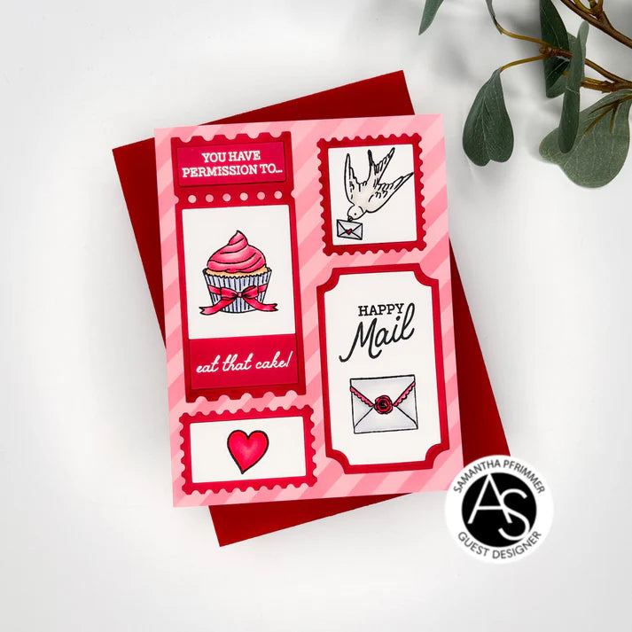 Decorative card with various stamps and text on a white background