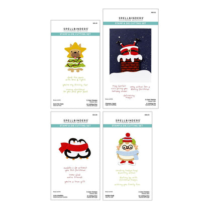 Four Spellbinders stamp and die cutting sets with Christmas-themed designs on a white background.
