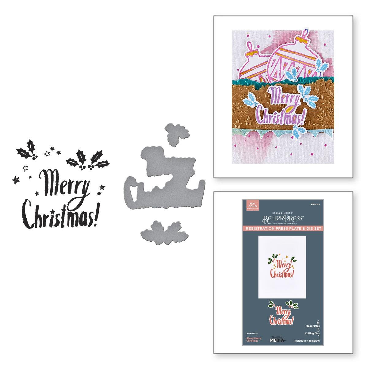 A finished handmade card with a foiled "Merry Christmas" message created with the Starry Merry Christmas set.