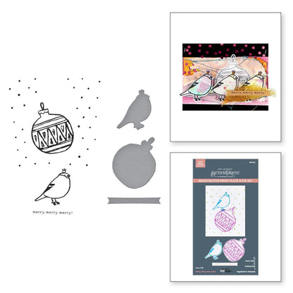 A finished handmade card with a foiled "Merry Merry Merry" bird message created with the set.