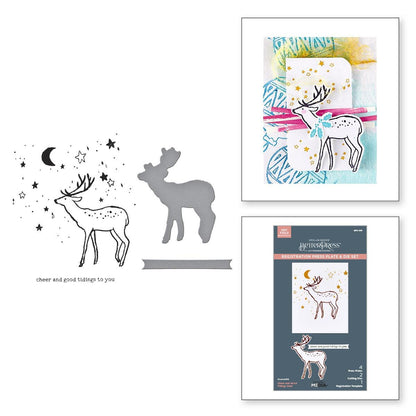 Set of deer-themed products including cutouts, a card, and a packaging box on a white background.