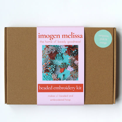 Beaded embroidery kit packaging with 'imogen melissa' branding on a white background