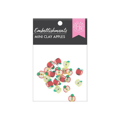 Packaging of mini clay apples embellishments with a brand logo on a white background