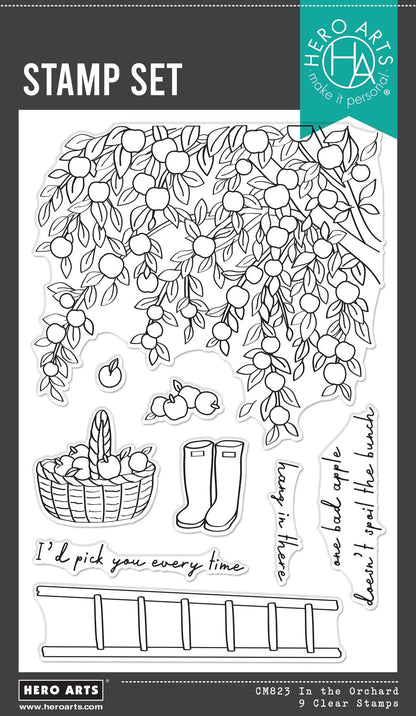 Hero Arts stamp set with orchard-themed design including a tree, basket, boots, and ladder.