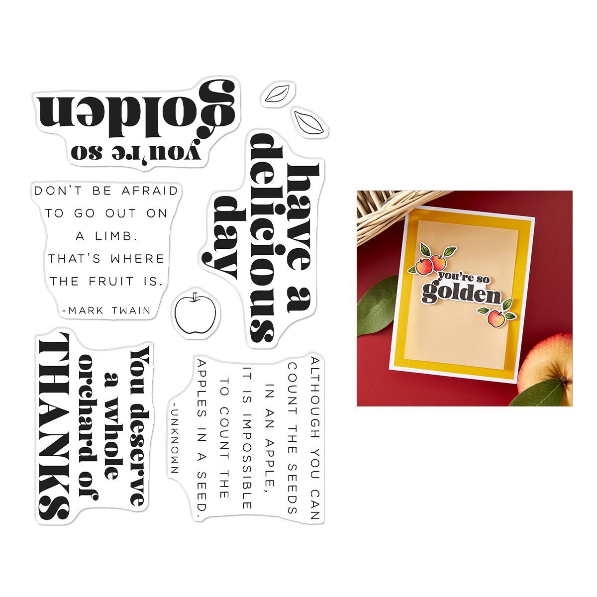 Set of die-cut phrases with apple illustrations and a sample card on a white background.