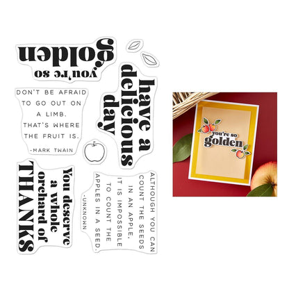 Set of die-cut phrases with apple illustrations and a sample card on a white background.