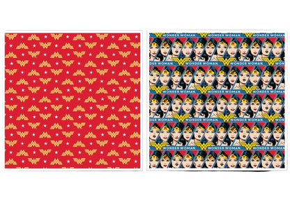 Two sheets of fabric with Wonder Woman logos and images on a white background