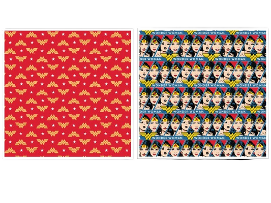 Two sheets of fabric with Wonder Woman logos and images on a white background