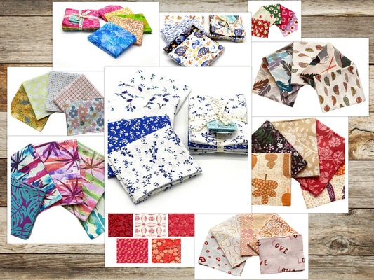 Collage of various colorful fabric swatches on a wooden surface