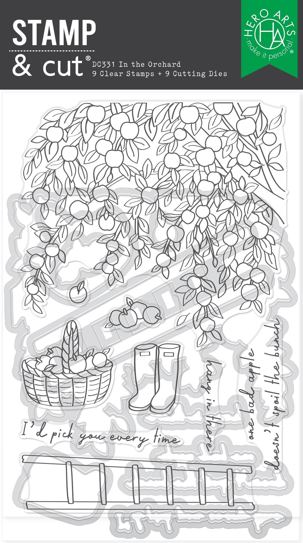 Clear stamp set with orchard scene featuring a tree, basket, boots, and ladder.
