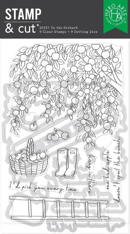 Clear stamp set with orchard scene featuring a tree, basket, boots, and ladder.