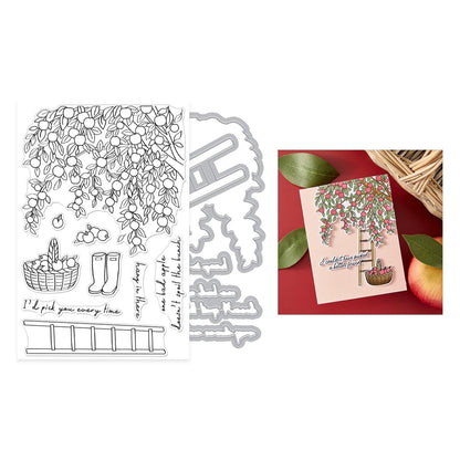 Decorative die cut with ladder and fruit design, next to a completed card with similar elements.
