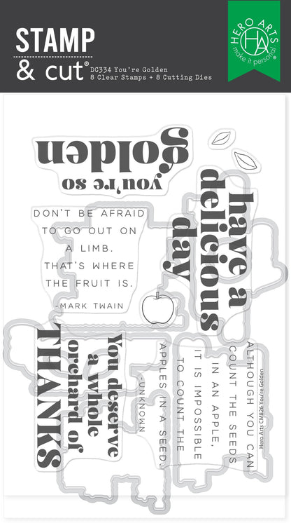 Clear stamp set with various phrases and graphics on a white background