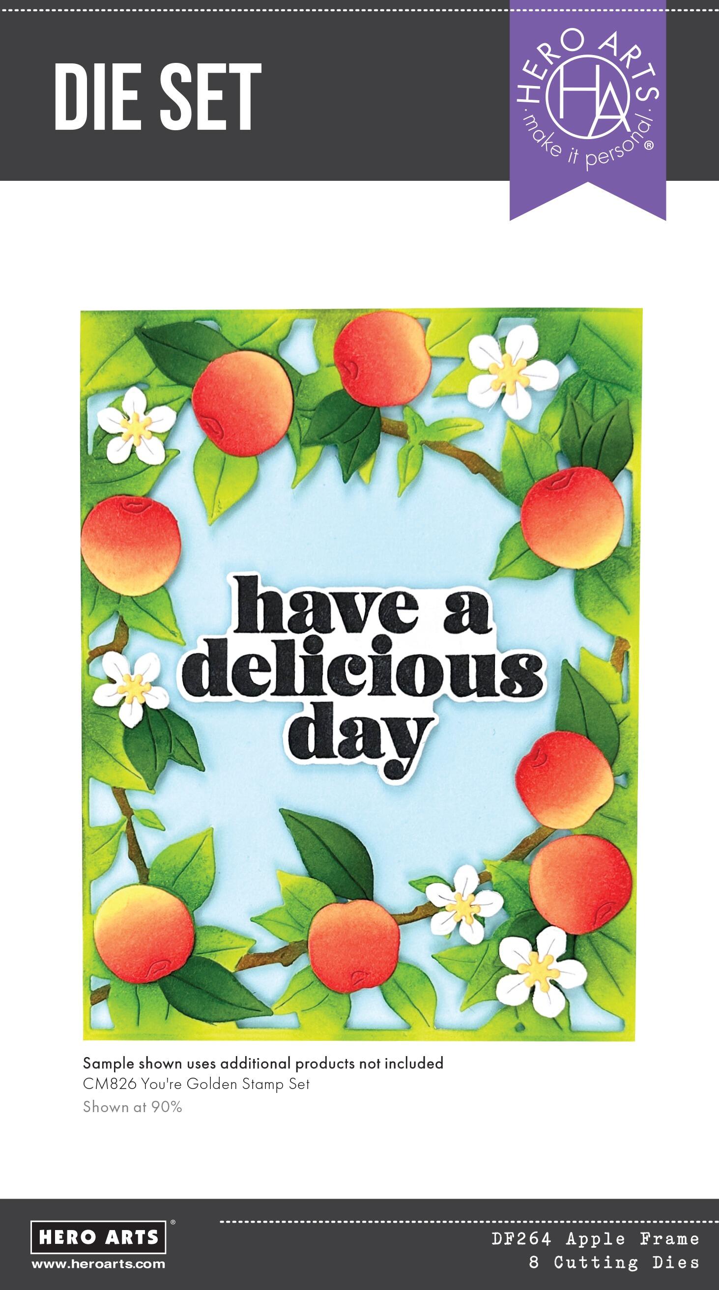 Hero Arts die set with apple frame design and 'have a delicious day' text on a white background