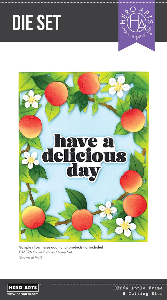 Hero Arts die set with apple frame design and 'have a delicious day' text on a white background