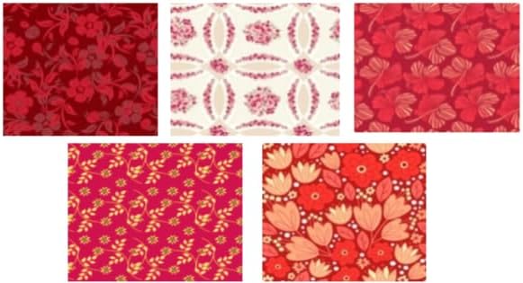Set of five floral patterned fabric swatches in red, pink, and orange on a white background.