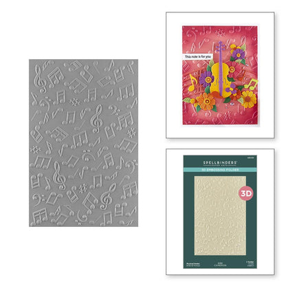 Three embossing folders with musical notes, a colorful card, and a green folder on a white background.