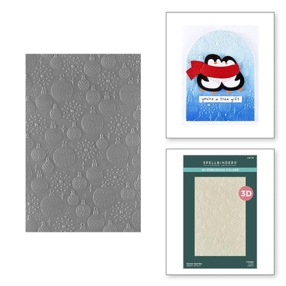 Set of embossed cardstock with penguin design and Spellbinders packaging on a white background