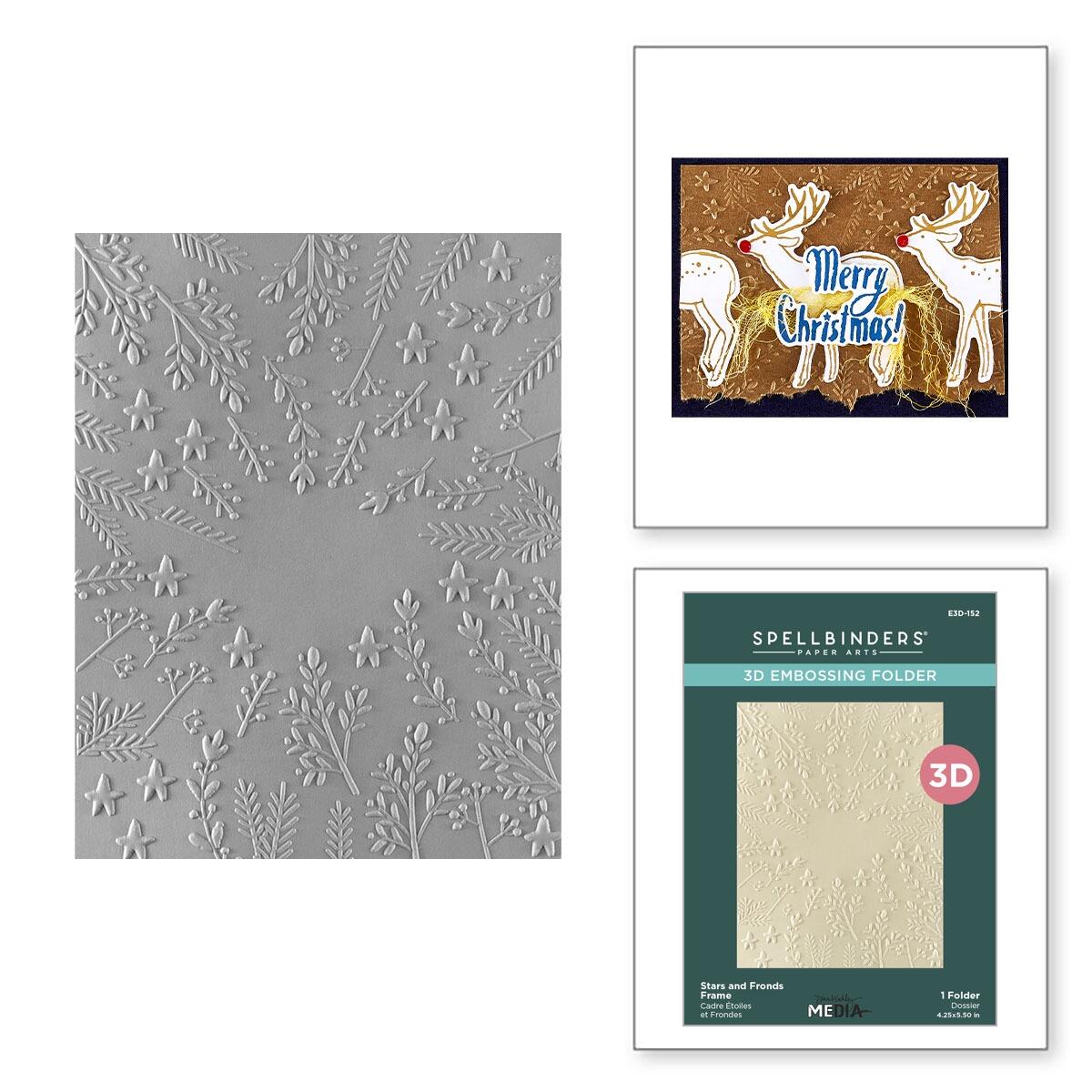 Gray embossing folder with floral pattern, Christmas card with reindeer, and Spellbinders embossing folder packaging.