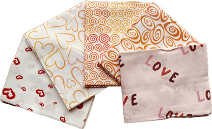 Set of four patterned fabric swatches with different designs on a white background
