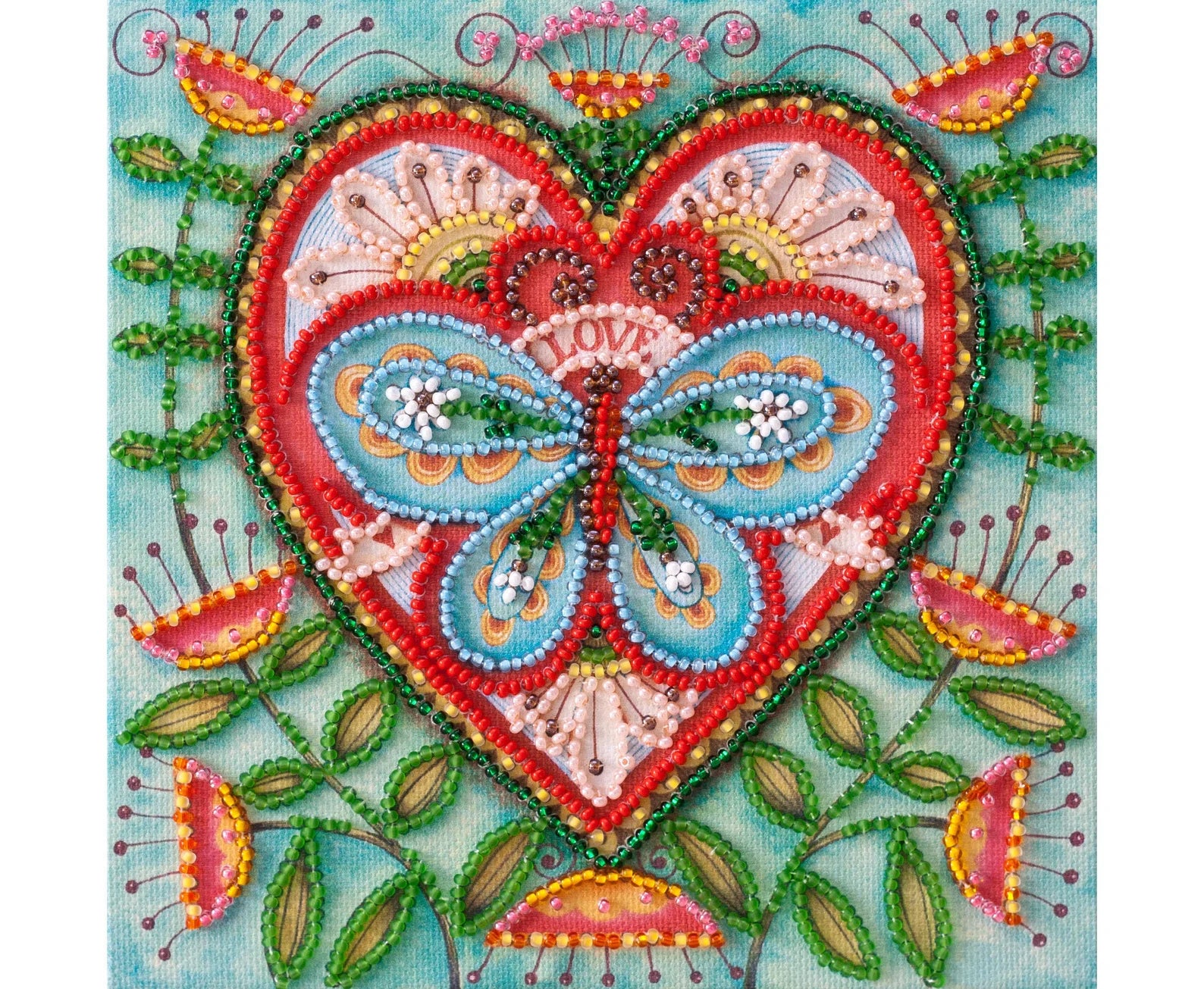 Decorative heart with butterfly design surrounded by floral elements on a light blue background