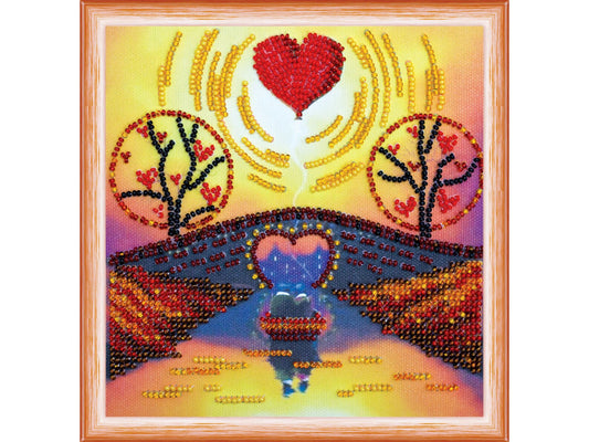Decorative artwork with heart designs and trees, framed in orange.