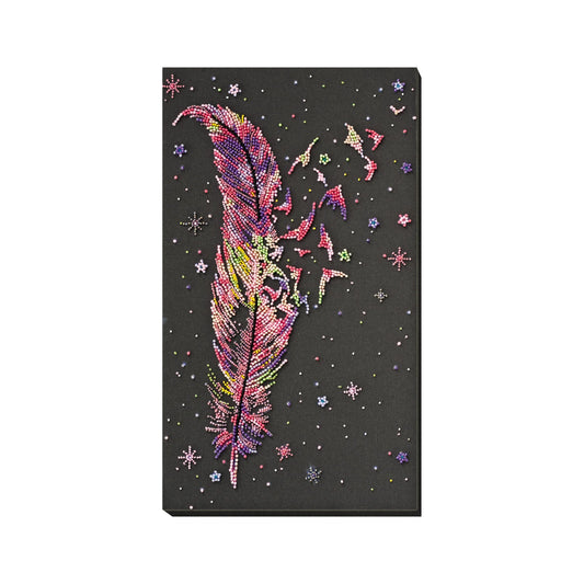 Decorative beaded embroidery with a colourful feather design on a black background