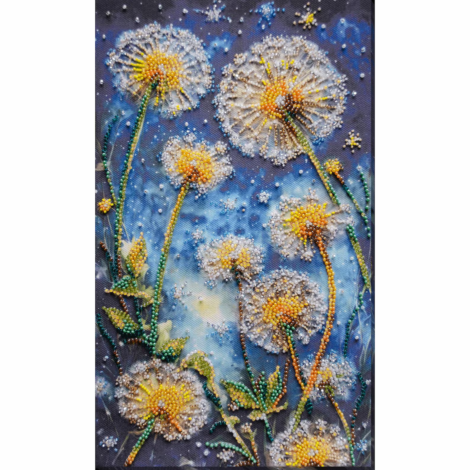 Decorative artwork of beaded dandelions on a blue background